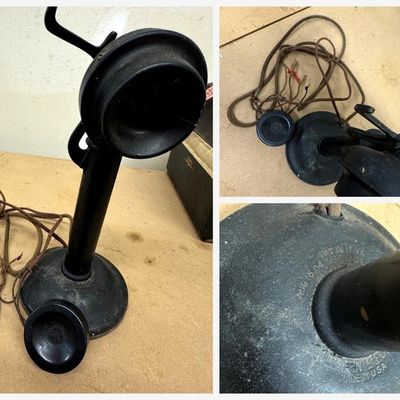 Sale Photo Thumbnail #93: Antique Western Electric candlestick telephone, marked on base "Western Electric, Made in USA" with patent dates Aug 16 1904 and Sept 13 1904. Non-dial style with black receiver on switchhook and original cloth-covered cords. Shows dust and general wear; 