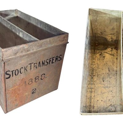 Sale Photo Thumbnail #97: Antique galvanized tin document/file box, hand-lettered on the front in black: "STOCK TRANSFERS. 1888. 2". Two-compartment interior with center divider, rolled rim. A rare 19th-century business record-keeping piece, likely from a bank, railroad, or corpor