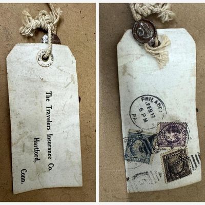 Sale Photo Thumbnail #98: Antique Dennison linen shipping/registered-mail tag addressed to "The Travelers Insurance Co., Hartford, Conn.," with original cotton string and red wax seal. Reverse bears a Philadelphia, PA "FEB 17 6 PM" duplex postmark and three Washington-Franklin ser