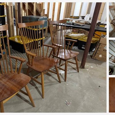 Sale Photo Thumbnail #99: Set of six solid cherry Shaker-style high-back spindle armchairs by Tom Seely Furniture (Vermont). Model 71235 "Chry Shaker High Back Arm Chr" in Honey Cherry finish, with the original Tom Seely branded stamp and label under the seat (retailed through Hub