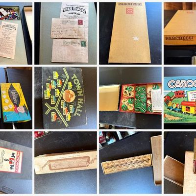Sale Photo Thumbnail #114: Lot of vintage board games:
• Easy Money, New Improved Edition, Milton Bradley No. 4457, ©1936. Board, rules, wooden houses, play money, dice. Includes two antique postcards found inside (1912 Maine postmark, 1¢ Franklin stamp; 1929 California, 2¢ Wa