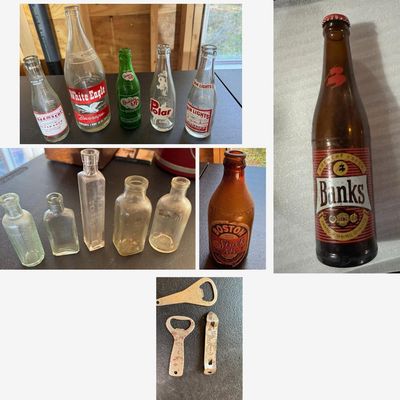 Sale Photo Thumbnail #122: Assorted vintage glass bottles:
SODA (APPLIED COLOR LABELS):
• Squamscot Beverages – Conner Bottling Works, Newfields, N.H., 7 oz.
• White Eagle Beverages – 1 Pint 12 oz., eagle graphics
• Bubble Up – green glass, "a kiss of lemon – a kiss o