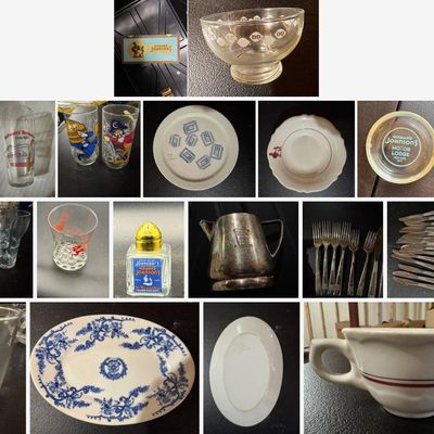 Sale Photo Thumbnail #125: Collection of roadside restaurant and hotel memorabilia:
HOWARD JOHNSON'S:
• Wooden hinged box with Simple Simon and the Pieman logo in turquoise and gold (label wear, small tear)
• Restaurant china bowl with red Simple Simon & Pieman silhouette and r