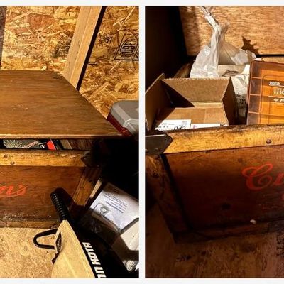 Sale Photo Thumbnail #128: Vintage wooden delivery crate from Cushman's of Portland, Maine, the well-known New England home-delivery bakery. Red script "Cushman's – Portland, Maine" lettering on the front, with a 1953 date stenciled below. Sturdy wood construction with metal corn
