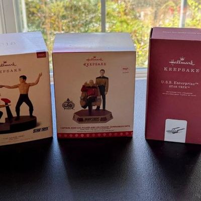 Sale Photo Thumbnail #135: Lot of 5 Hallmark Keepsake Star Trek Christmas ornaments, all in original boxes:
• Captain Jean-Luc Picard and Lieutenant Commander Data – Star Trek: The Next Generation 30th Anniversary (Magic sound)
• "The Naked Time" – Kirk and Sulu, Star Trek 