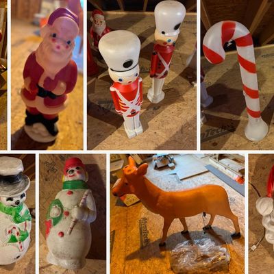 Sale Photo Thumbnail #138: Collection of vintage lighted plastic Christmas blow molds, most with original light cords:
• Large Santa reading his Naughty-or-Nice list (approx. 3 ft)
• Small standing Santa
• Santa face wall/door blow mold
• Large snowman with top hat, green s