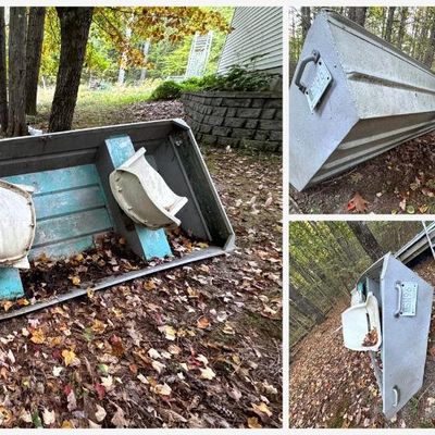 Sale Photo Thumbnail #142: Aluminum flat-bottom jon boat with three bench seats (turquoise painted interior) and two white swivel fishing seats mounted on the benches. Riveted hull with carry handles on the bow and transom. Previously New Hampshire registered (hull number NH 4468 A