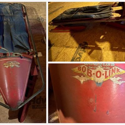 Sale Photo Thumbnail #144: Vintage Bob-O-Link Bobsled, "The Sled That Skis," original by Wilmington, W. Minot, Maine, U.S.A. – "A Swiss Inspiration." Red-painted steel and wood frame with ski-style runners, tubular steel bumper/rail around the frame, front fairing/cowl with origi