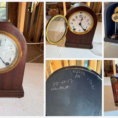 Sale Photo Thumbnail #148: Antique mahogany beehive (arched-top) mantel clock with line inlay, retailed by Smith Patterson Company, Boston (dial marked). White dial with Arabic numerals, S/F regulator, hinged brass bezel with beveled glass, and brass ball feet. Brass 8-day movement