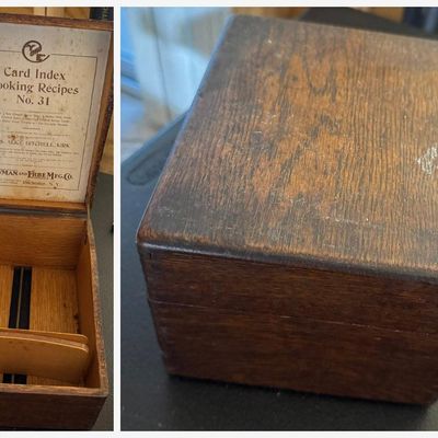 Sale Photo Thumbnail #151: Antique quartersawn oak hinged-lid recipe card file, "Card Index Cooking Recipes No. 31," published by Yawman and Erbe Mfg. Co., Rochester, N.Y. Original paper label inside the lid credits Mrs. Alice Gitchell Kirk, Lecturer and Instructor in Domestic Scie