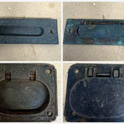 Sale Photo Thumbnail #152: Two pieces of antique architectural hardware:
• Victorian "LETTERS" mail slot plate, ornate Eastlake-style scrollwork, spring-loaded flap on reverse. Heavy green patina on back, rusty spring, one broken mounting hole, stray wire at top edge.
• Cast ir