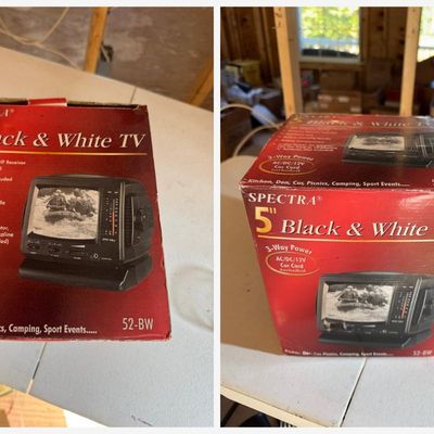 Sale Photo Thumbnail #168: Spectra 5-inch portable black and white TV, model 52-BW, in original box. 3-way power: AC adapter, 12V car cord, or batteries. Analog VHF/UHF tuner; note it will not receive modern digital broadcasts without a converter. Box shows shelf wear. Untested.

S