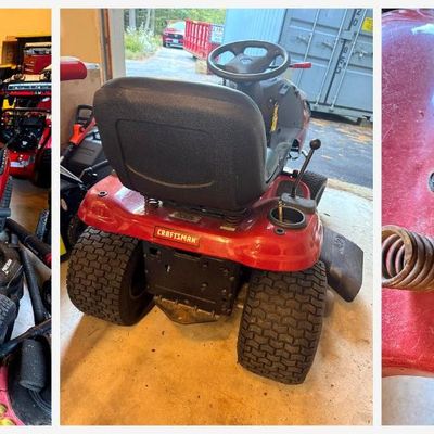 Sale Photo Thumbnail #169: Craftsman riding lawn tractor, Model 917.288210 (Sears), with 42" cutting deck. Features headlights, front brush/bumper guard, high-back seat with suspension springs, cup holder, rear hitch plate, deck height lever, and ignition key. Magna Power U1R-280 b