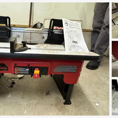 Sale Photo Thumbnail #177: Skil RAS900 router table. Laminated work surface with aluminum fence, two adjustable featherboards, clear bit guard, miter gauge, and dust-collection port on the back of the fence. Built-in 120V/15A power switch with safety key for plugging in your router