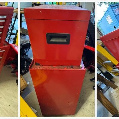 Sale Photo Thumbnail #178: Classic red Craftsman stacking tool storage set:
• Top chest with lift-up lid, 4 drawers with aluminum trim pulls, keyed lock, and recessed side handles
• Rolling bottom cabinet with 2 drawers, a large lower storage compartment, keyed lock, and caster