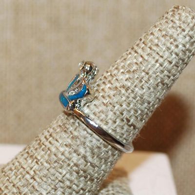 Size 7½ Blue CROWN Enamel Ring with a Single Round Stone Top on a Silver Tone Band (3.7g)