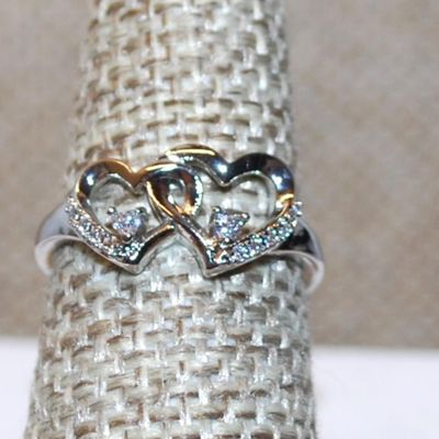 Size 7¼ Connected HEARTS Ring with Clear Stone Accents on a Silver TONE Band (2.1g)