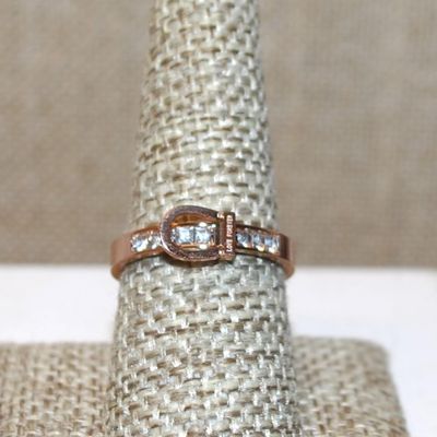 Size 8¼ Rose Gold "Love Forever" Ring with Loop & 7 Square Clear Stone Sides on a Rose Gold Band (2.4g)