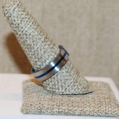 Size 9 Infinity Styled "Blue Line" Ring on a Blue Silver Tone Band (5.3g)