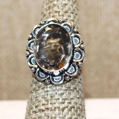 Size 9 SMOKEY TOPAZ OVAL Shape Transparent Glass Rhinestone Ring with a FULL Loop Rim Setting on a Silver Tone Band (5.1g)