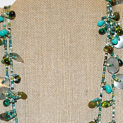 Extra Long WRAP-AROUND NECKLACE with Green & Blue Colored Beads and Metal Disks Accents 58" L
