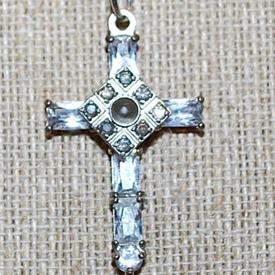 Vintage Style Silver Colored CROSS/PENDANT (1½" x 1") with a Bejeweled Tilted Square and Rectangle Clear Stones and Silver Tone...