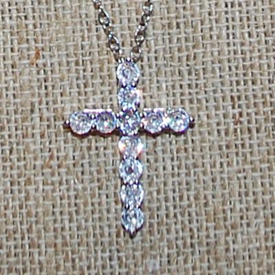 Diamond-Style Clear Stones CROSS with 7 Down & 5 Across Setting 1" x ¾" on a Silver Tone Necklace Chain 16" L