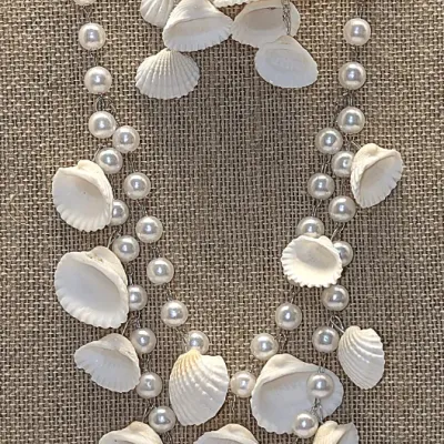 Double Strand "PEARLS & SHELLS" JEWELRY SET with NECKLACE (22"-26" L+ Faux White Pearls + Silver Tone Lobster...