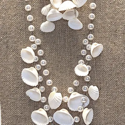Double Strand "PEARLS & SHELLS" JEWELRY SET with NECKLACE (22"-26" L+ Faux White Pearls + Silver Tone Lobster...