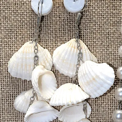 Double Strand "PEARLS & SHELLS" JEWELRY SET with NECKLACE (22"-26" L+ Faux White Pearls + Silver Tone Lobster...