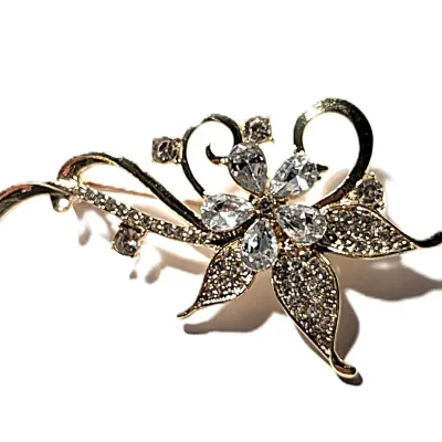 **NEW ARRIVAL** Gold Colored FLOWER SPRAY BROOCH (2¼" x 1¼") with 5 Marquise-Cut Clear Stone Petals, Jeweled Leaves & Loops...