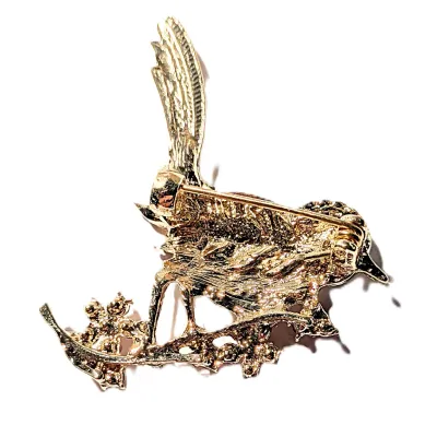 **NEW ARRIVAL** AMBER, CLEAR & RED Stones BIRD BROOCH (1¾" x 1½") with Black Eye, Amber Feathers and Red Branch on a Gold...
