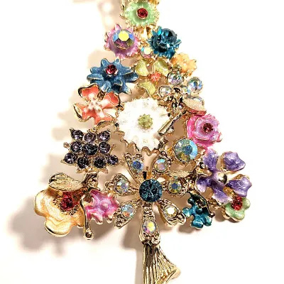 **NEW ARRIVAL** Multicolor Ceramic Flowers & Stones TREE BROOCH (4" x 2") with Small Winged "Pixies" on a Gold...