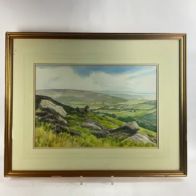 1309 Lynn Moore Original Watercolor English Moorland Landscape, Signed & Dated 1987