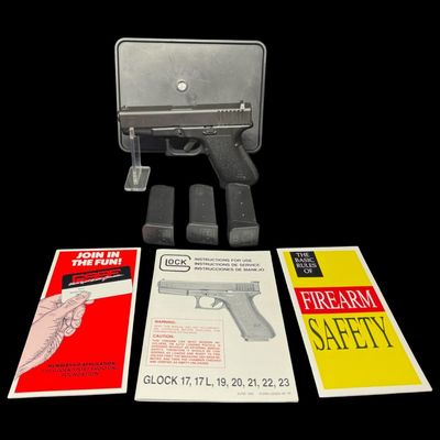 Sale Photo Thumbnail #2: This pistol is chambered in 9x19mm. It includes the original box, two standard magazines, one extended magazine, and a speed loader. This is a super clean pistol. Serial number AMT641 US. Not tested. Pre-auction estimate: $400-$600. [RS]