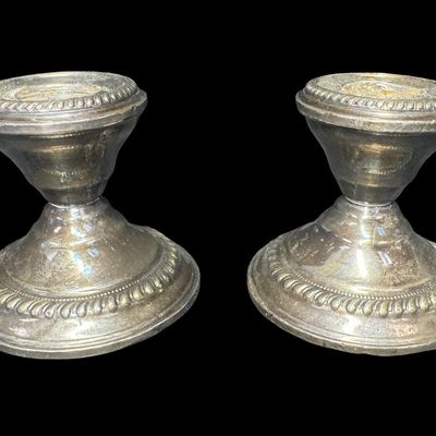 Sale Photo Thumbnail #44: These vintage pieces are attributed to the National Silver Company, or Newburyport Silver Company (both used the N.S. Co. stamp). There is age related wear, including some dents and dings. Measurement: 2 5/8”H x 2 7/8”W (each). The overall weight is 2