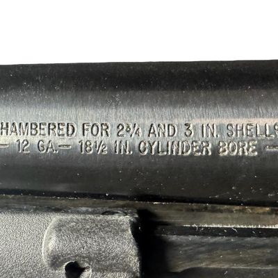 Sale Photo Thumbnail #58: This gun features a chamber size of three inches. It has a lightweight anodized aluminum alloy receiver. It shares high-parts interchangeably with the standard Mossberg 500 series. The barrel length is 18.5 inches. The overall length is 29 inches. Serial 