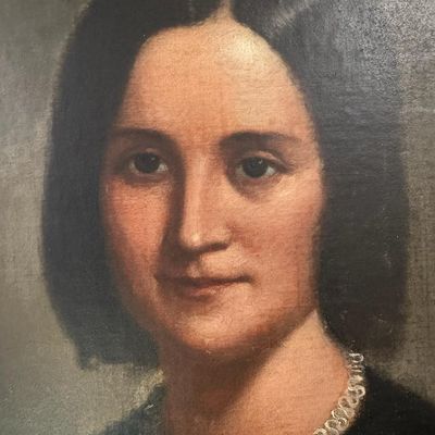 Sale Photo Thumbnail #72: This exceptional piece depicts a dignified Victorian woman. It is quite detailed, showing mid-19th century period dress, contrasted by an intricate, delicately painted lace neckline or collar. It is in an ornate period gilt frame. This appears to be stret