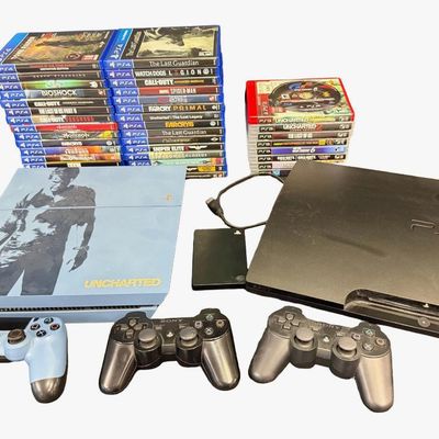 Sale Photo Thumbnail #75: Includes a PlayStation 4 Uncharted 4 Limited Edition console in blue, featuring a silkscreened silhouette of Nathan Drake, with matching controller; a PlayStation 3 console; two black controllers; a Seagate Game Drive portable external hard drive; and 38 