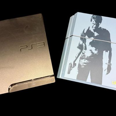 Sale Photo Thumbnail #78: Includes a PlayStation 4 Uncharted 4 Limited Edition console in blue, featuring a silkscreened silhouette of Nathan Drake, with matching controller; a PlayStation 3 console; two black controllers; a Seagate Game Drive portable external hard drive; and 38 
