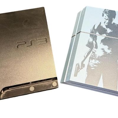 Sale Photo Thumbnail #77: Includes a PlayStation 4 Uncharted 4 Limited Edition console in blue, featuring a silkscreened silhouette of Nathan Drake, with matching controller; a PlayStation 3 console; two black controllers; a Seagate Game Drive portable external hard drive; and 38 