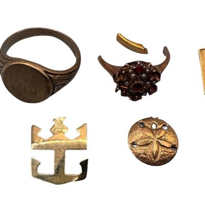 Sale Photo Thumbnail #86: Includes a signet ring, a pin, damaged pieces, and more. Weight of 10K: 8.15 grams. Weight of 14K: 1.09 grams. The gold content of some pieces was confirmed with testing. [CB]