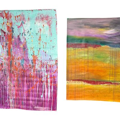 Sale Photo Thumbnail #122: Includes two contemporary paintings on canvas. The artists are Robert Irving and Jenny Berry. These are unframed. Each measures 24” x 36”, or larger. Pre-auction estimate: $100-$200. [RS]