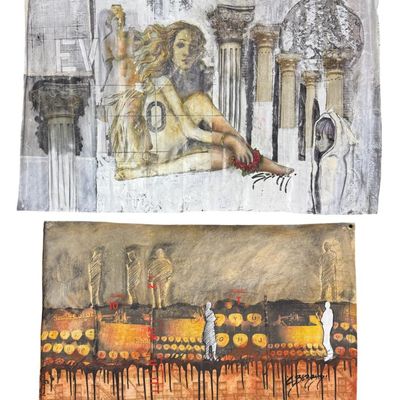 Sale Photo Thumbnail #125: Includes two contemporary paintings on canvas. The artists are Robert Irving and Jenny Berry. These are unframed. Each measures 24” x 36”, or larger. Pre-auction estimate: $100-$200. [RS]