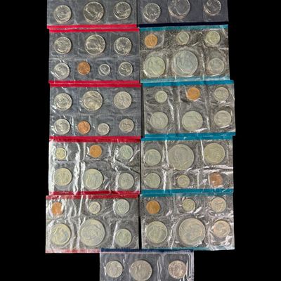Sale Photo Thumbnail #128: Includes one 1977, one 1979, and three 1981 Philadelphia Mint sets; and three 1977, one 1979, and two 1981 Denver Mint sets. Total of 11 sets. These are missing the envelopes. [RS]