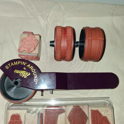 Vintage Stampin' Up! Stampin’ Around Roller Handle, 2 Wheels & Wood Block Stamp Set
