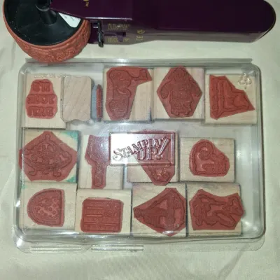 Vintage Stampin' Up! Stampin’ Around Roller Handle, 2 Wheels & Wood Block Stamp Set