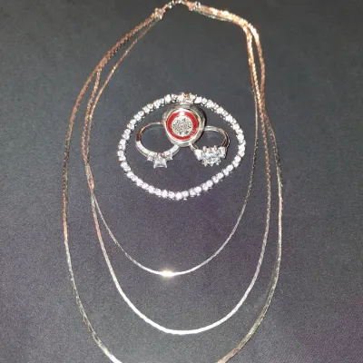 Vintage Style Jewelry Lot - 3 Statement Rings, Layered Necklace & Crystal Tennis Bracelet Set