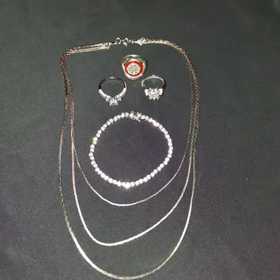 Vintage Style Jewelry Lot - 3 Statement Rings, Layered Necklace & Crystal Tennis Bracelet Set