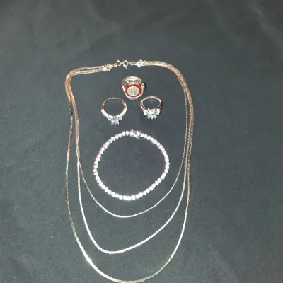 Vintage Style Jewelry Lot - 3 Statement Rings, Layered Necklace & Crystal Tennis Bracelet Set